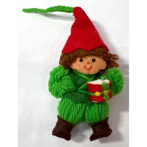 Vintage Yarn Elf Christmas Ornament With Red Hat & Gift Box